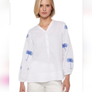 VILAGALLO Ebba Puff Sleeve Linen Blouse In White/blue Palm. Size US 8